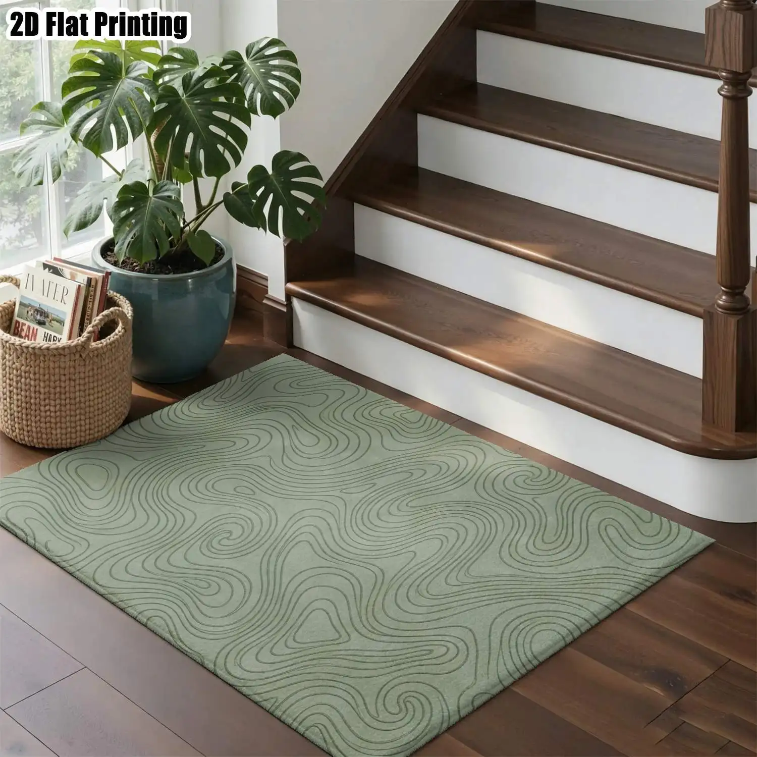 1Pc 2D Printed Bean-Green Line Swirl Nordic Minimalist Carpet, Machine Washable, Multi-Size, Home Decor Mat for Multiple Settings