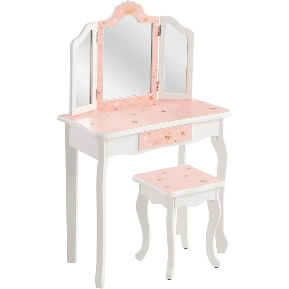 Kids Vanity Table and Chair Set, with Stool, Tri-Folding Mirror, Makeup Dressing Princess Table with Drawer for Little Girls