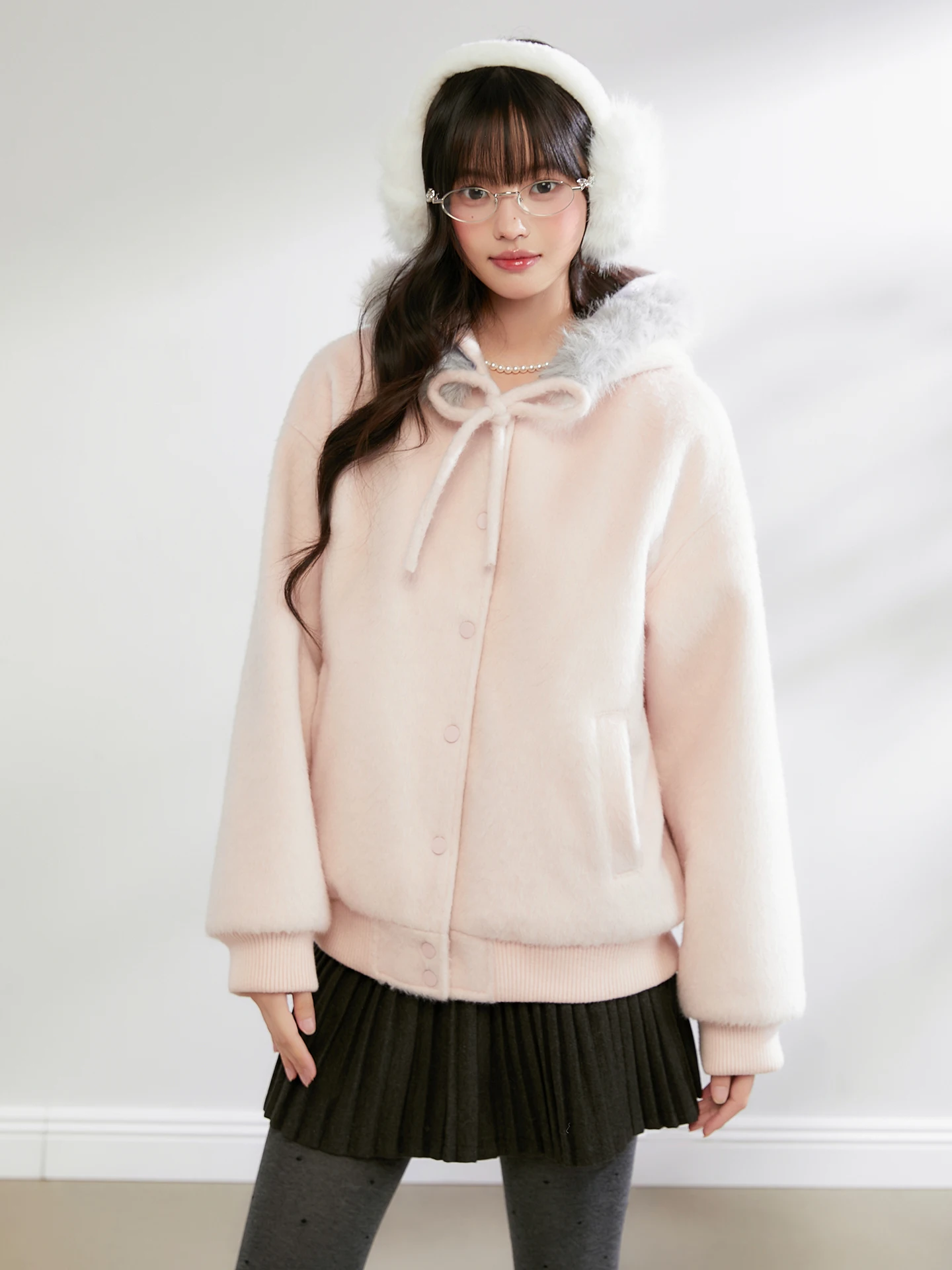 

PinkErs Collaborative Thiened Winter Coat Women's Korean Sle Stand Fit Hat with Knot Woolen Collar Jaet