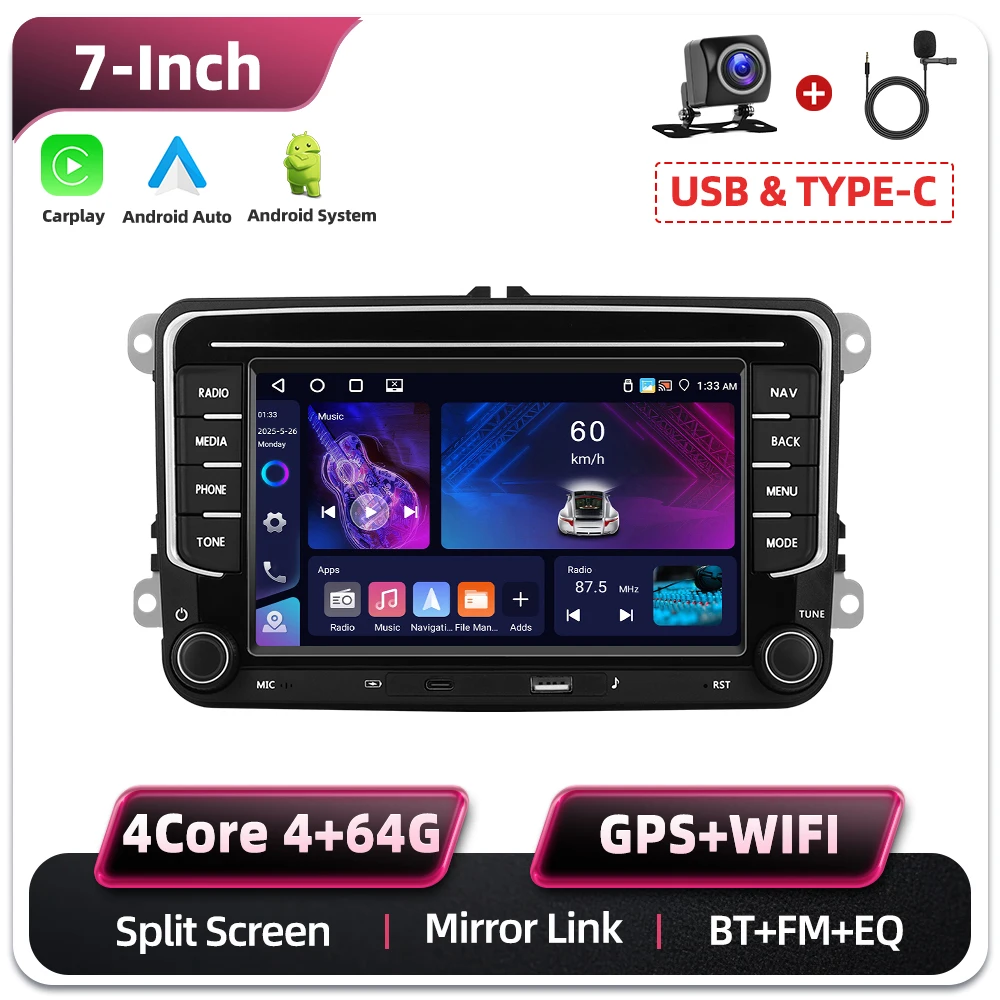 Podofo 7 Zoll 2 Din Autoradio Multimedia-Player 6+128G für Seat Altea/Toledo/Leon VW Golf/Passta/Jatta/Bora/Scirocco Skoda Fabia/Yeti/Roomster/Praktic Auto-Audiosystem Kabelloses Carplay Android Auto