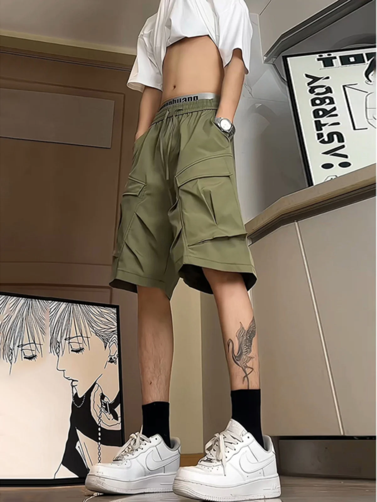 

Military een High Waist Workwear orts Men's Summer Outdoor Ice Silk Straight Loose Sports Five-Quarter Pants