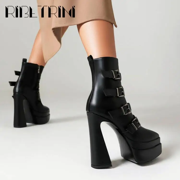 Platform Women Boots Pounted Toe High Heeled Double Platform Shoes Ankle Buckle Punk Goth Cool Fashion Brand Winter Boots Woman