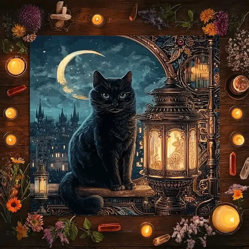Vintage Gothic Cat Scene Square Tablecloth Dark Academia Witchy Aesthetic Halloween Decor Tapestry Print
