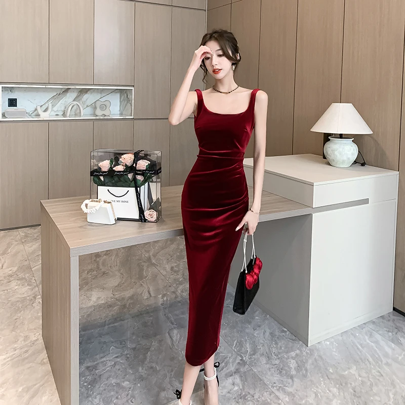 Sexy Backless Vintage Luxury Velvet Midi Dresses for Women 2023 Autumn Winter Fashion Slim Split Female Clothing Elegant Party