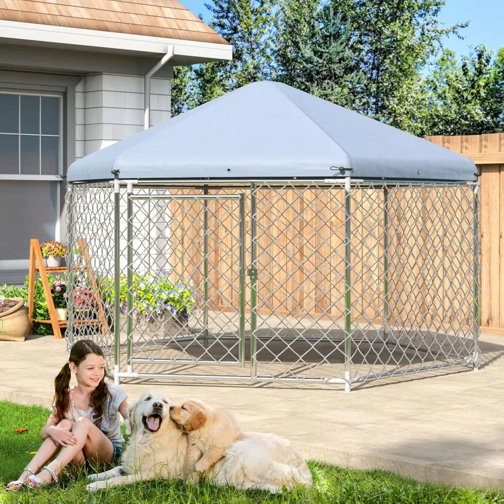 

Outdoor Dog Kennel with Roof,Large Dog Kennel Outside with Metal Gate,Heavy Duty Chain Link Dogs Kennel with Secure Lock