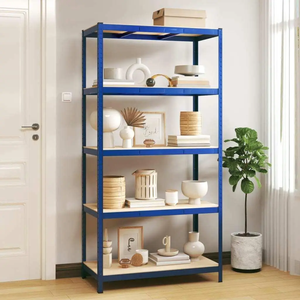 5-Tier Blue Steel & Engineered Wood Storage Shelf - Durable Multi-Use Organizer