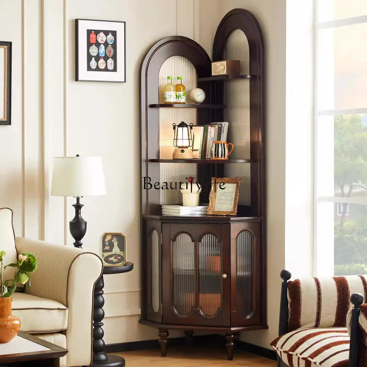 

American solid wood corner cabinet corner shelf retro living room corner bookshelf