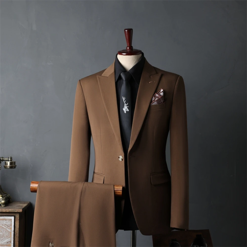 High Quality Formal Suit Set For Men Decent Solid Color Blazer Pants Business Groom Dancing Outfit Single Breasted Slim Tuxedo