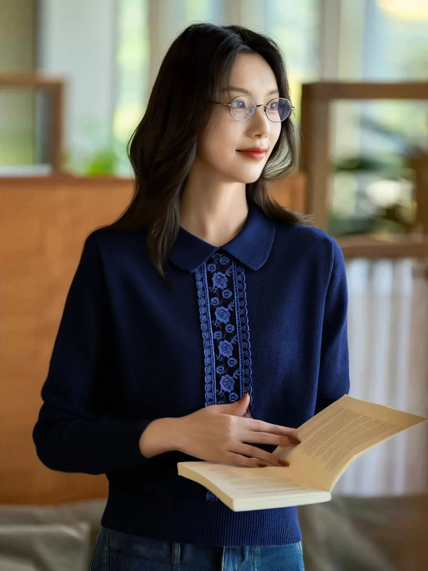 

Ele Embroidered Wool Knitwear Women's Spring Autumn Turn-down Collar Heavy Work Luxury Faion High-end Feel Top