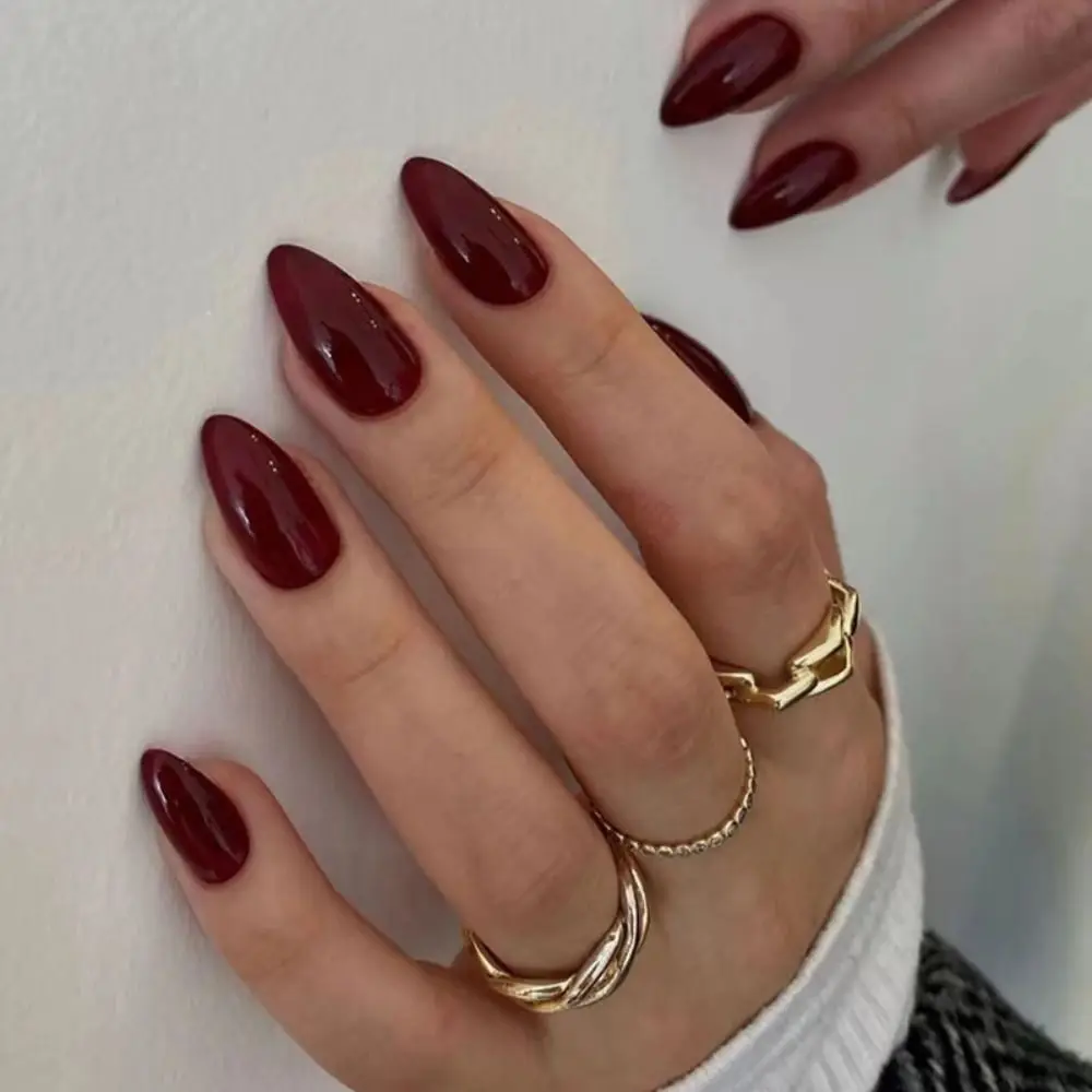 

24Pcs Simple Wine Red Fake Nail with jelly Mid-length Almond Press on False Nails Wearable Round Head Oval Full Cover Nail Tips