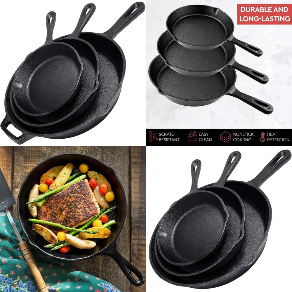 

Professional Chef Quality Pre-Seasoned Cast Iron Skillet Set - 12, 10, and 8 Inch Heavy Duty Cookware for Restaurant and Home Us