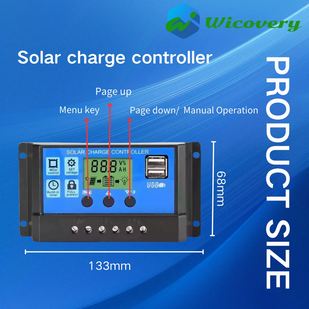 10A 20A 30A Solar Charge Controller 12V 24V Auto PWM 5V Output Regulator PV Home Battery Charger LCD Dual USB