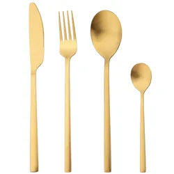Vintege Stainless Steel Cutlery Set 4Pcs Gold Matte Dinnerware Set Knife Fork Tea Spoons Flatware Dinner Kitchen Tableware Set