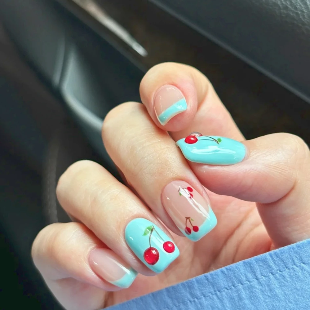 

10Pcs Handmade Manicure Short French Coffin Fake Nails Cute 3D Limited Nails Press On Nails Design with Adhesive Nail File Set