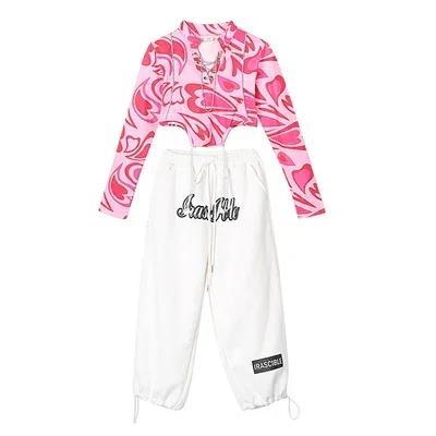 ZZL Urban Dance Mädchen Kleidung Teenager Kostüme Hip-Hop Street Dance Trainingsanzug Coole Kleidung für Kinder Hollow Dace K-Pop Rosa Weiß