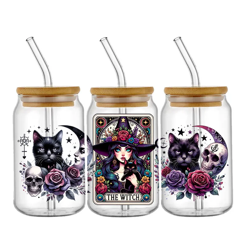 Halloween Witch UV DTF 16oz Libbey Cup Wrap Glass Plastic Can Wrap Selfadhesive Washable Sticker Ready to Ship Without Cup