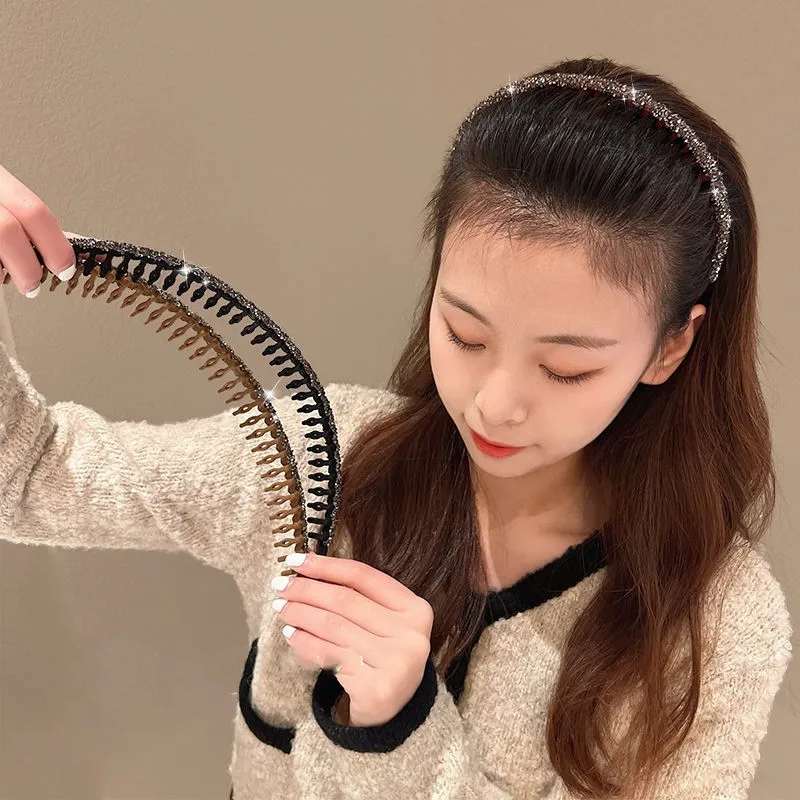 3pcs Fashion Rhinestone Flocking Bezel Hair Hoops for Women Ladies Solid Color Toothed Non-Slip Headband Hair Band Accessories