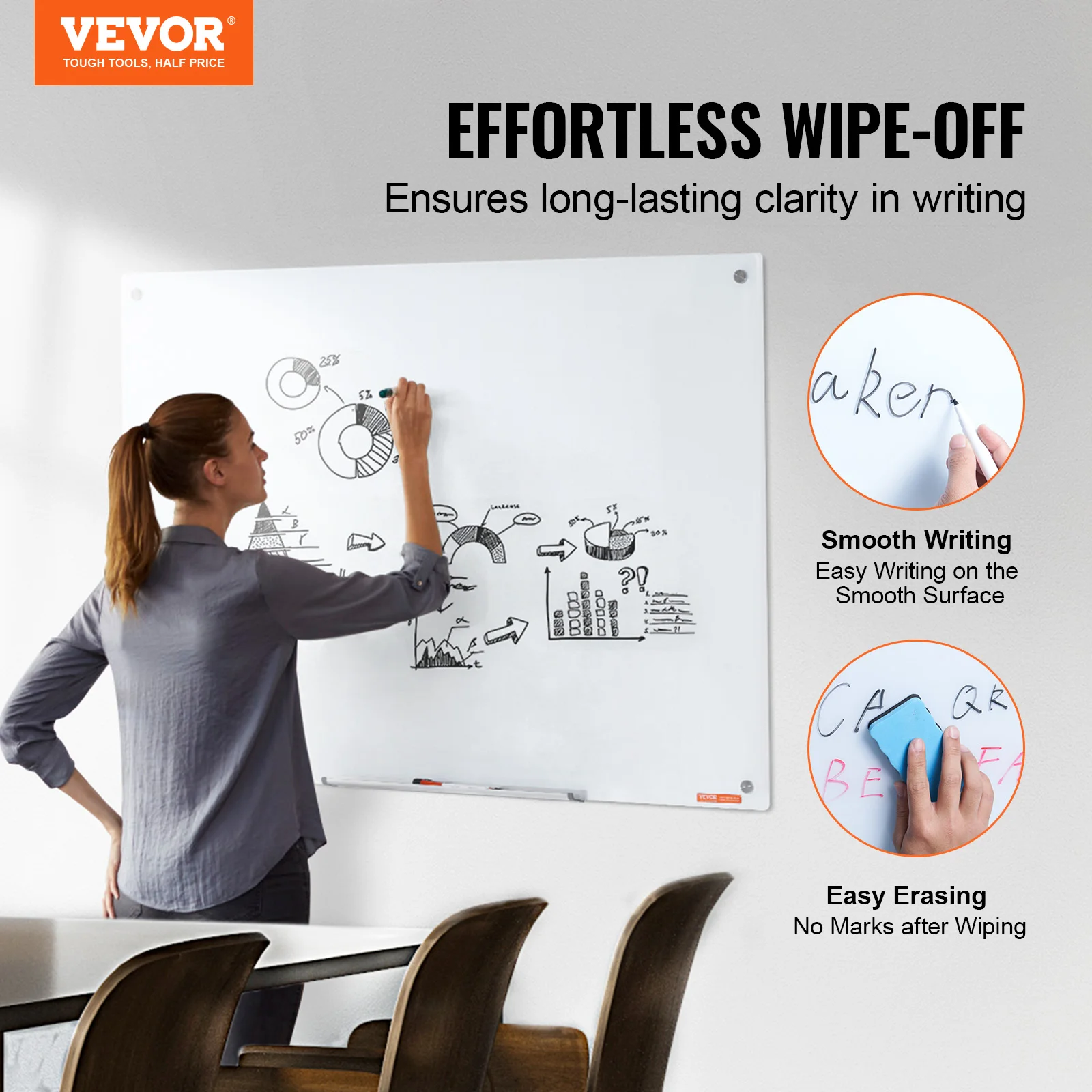 VEVOR Magnetic Glass Whiteboard 48"x32" Dry Erase Board Wall-Mounted Large White Frameless Glassboard for School Office Home