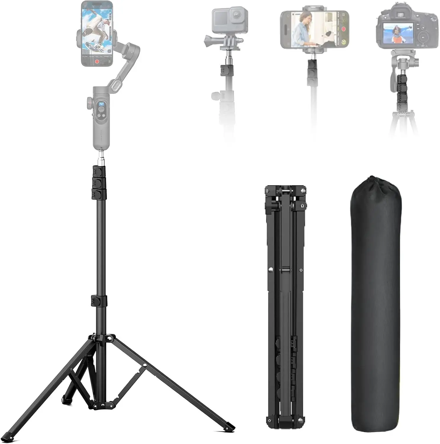 1.7M Adjustable Aluminum Tripod for Smartphones, Cameras & Gimbals with 0.44m-1.7m Height and Lighting Stand
