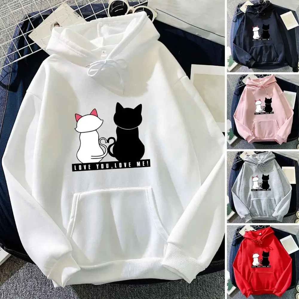 Long Sleeve Hoodie Pullover Women Hoodie Warm Cozy Cartoon Cat Print Hoodie for Couples Plush Pullover with Drawstring Elastic