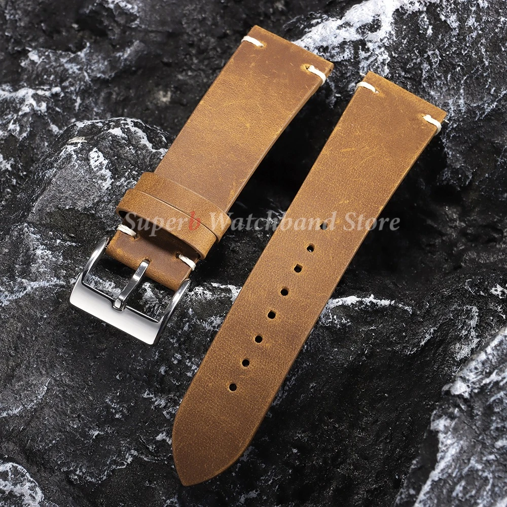 Vintage Ölwachs Leder Uhrenarmband für Seiko Handgefertigte Nähte Rindslederarmband für Omega Smartwatch Armband 18mm 20mm 21mm 22mm