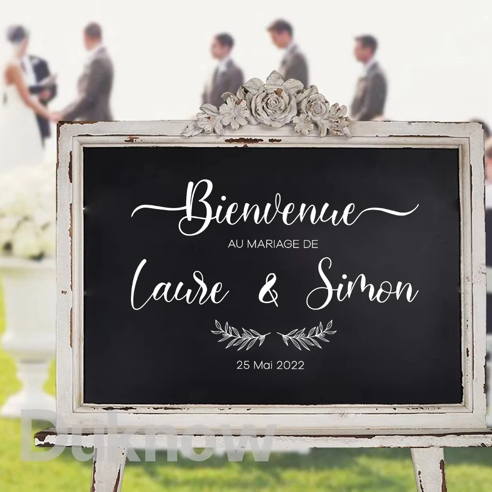 French Style Wedding Board Sticker Custom Names Date Vinyl Decal Wedding Welcome Sign Mirror Vinyl Mural Romantic Marriage Decor
