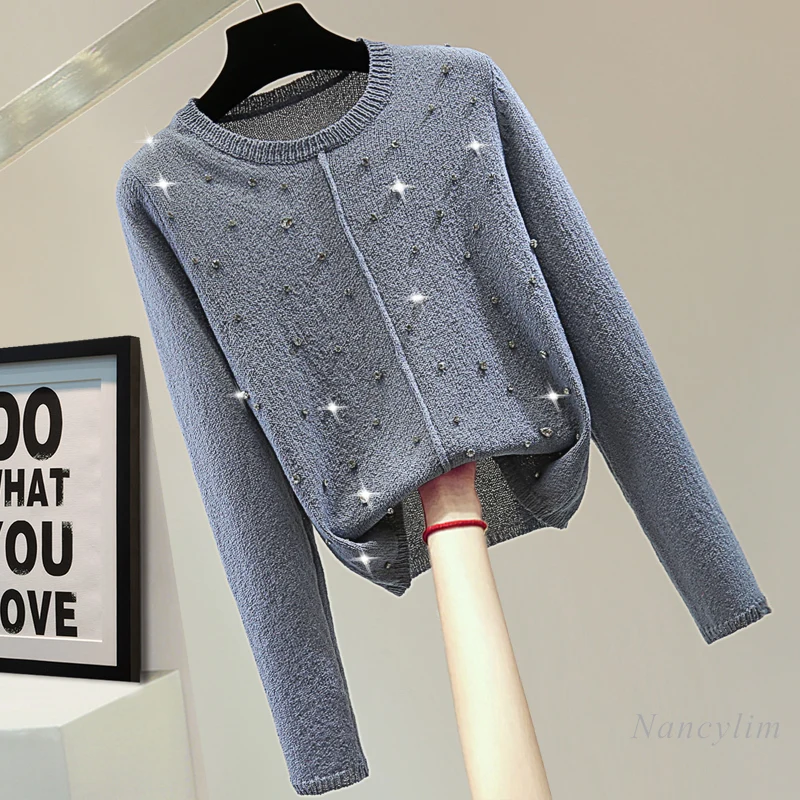 Diamond-encrusted Long-sleeved Grey Sweater Lady 2024 Autumn High-waisted Short Solid-color Knitted Sweater Top