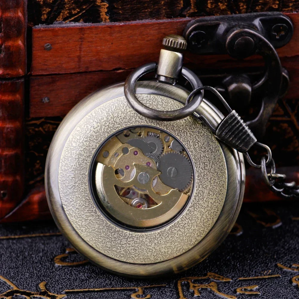 Open Face Roman Numerals Display Automatic Pocket Watch Bronze Metal Case Retro Punk Pendant Self Winding Pocket Clock