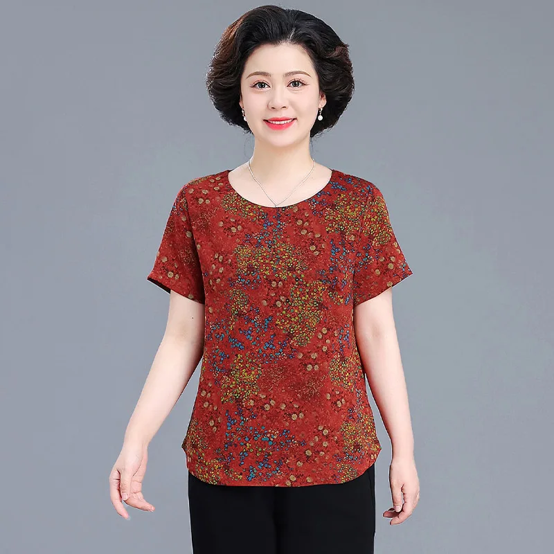 

andma's Summer Ice Silk ort Sve Set Faionable Loose Fit Two-Piece Women's Clothing Traditional Chinese Sle Mom's Top