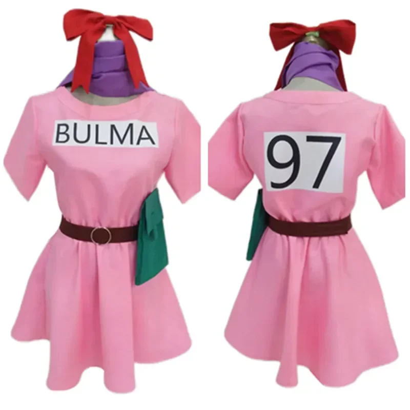 Disfraz de cosplay de Bulma para mujer, vestido rosa, cinturón, diadema, traje de Carnaval de Halloween