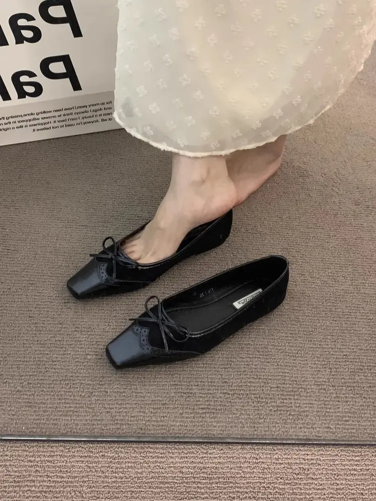 Damen Loafer mit eckiger Zehenpartie und Schleife, flache Schuhe im französischen Stil, weiche Sohle, flache Slip-Ons für Freizeit, Büro, bequeme Fahrschuhe – Detail 3