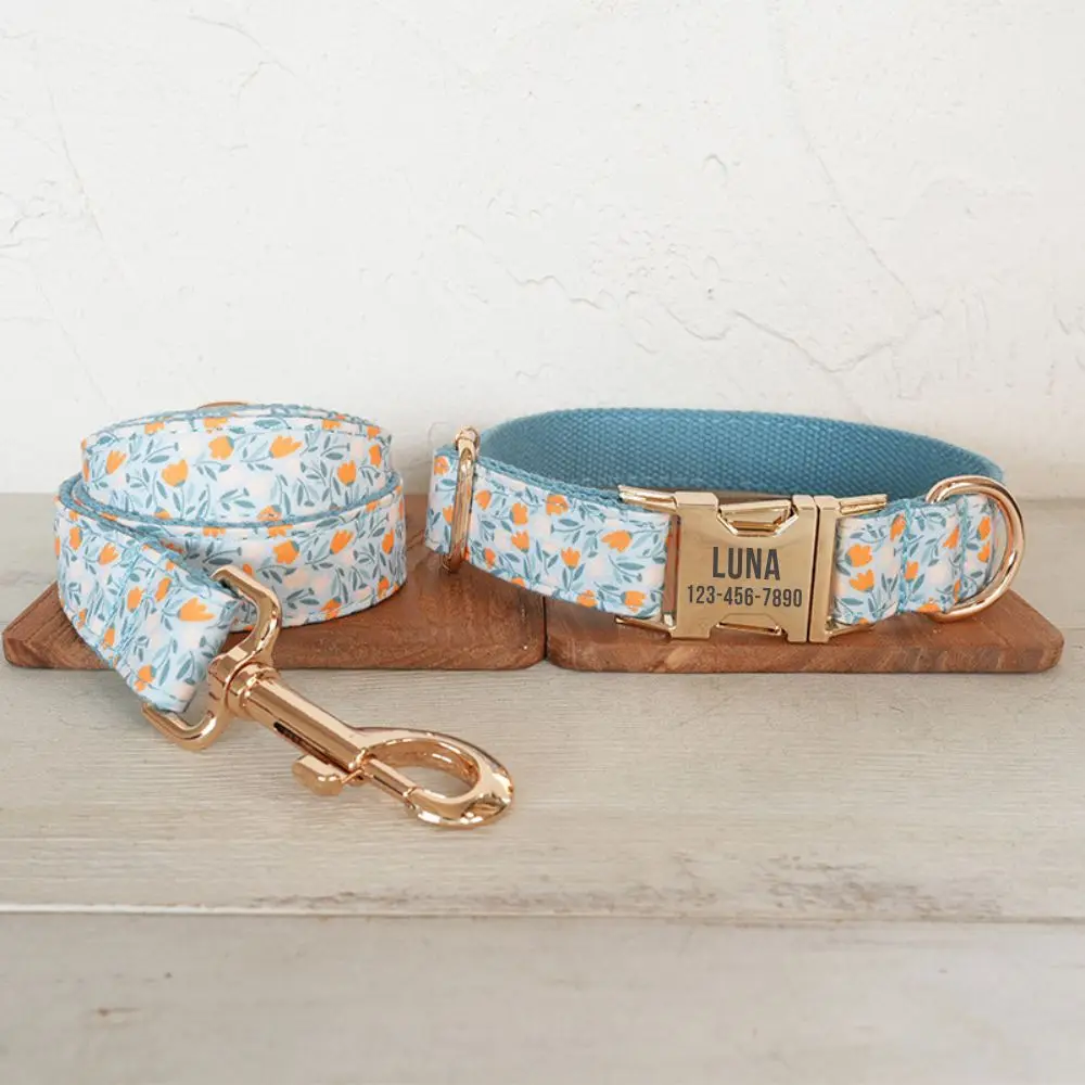 Personalized Dog Collar with Free Engraving, Matching Pet Leash,Customzied Contacts Metal Buckle, Blue Lilac Pet Collar