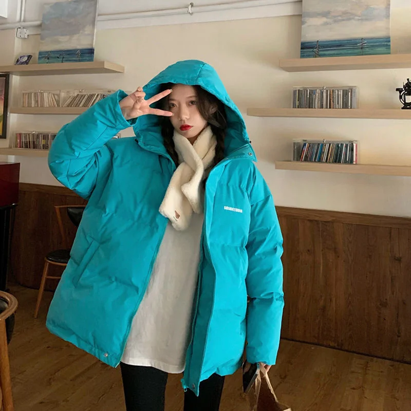 Winter Jacket Women Cotton Padded Jacket 2023 New Korean Loose Solid Short Warm Streetwear Fashion Bubble Bread Coat Blue Korean