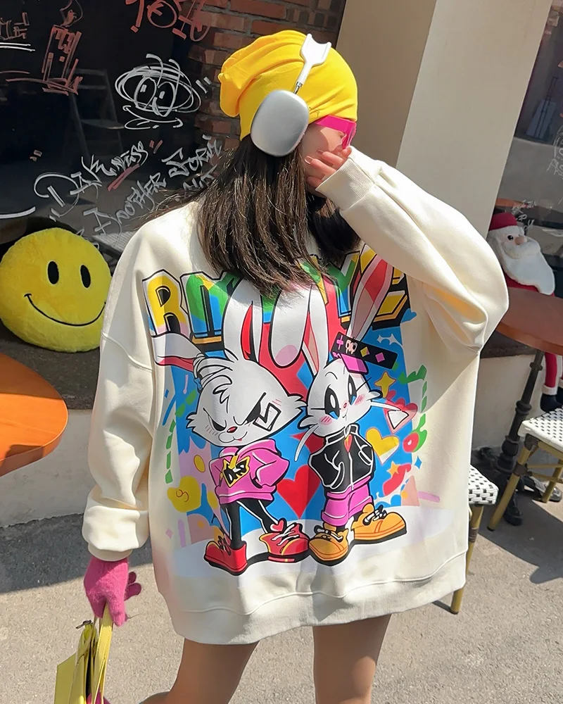 Casual Loose Graffiti Cartoon Printed Long Sleeve Hoodies Women 2024 Spring Autumn Mid-Length Round Neck Sweatshirts Female Top