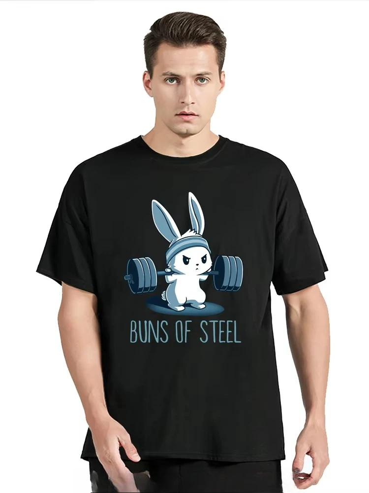 2026 New BUNS OF STEEL Rabbit Oversized T-shirt Funny Gym Fitness T Shirt Rat Bodybuilding Crewneck Men's Clo