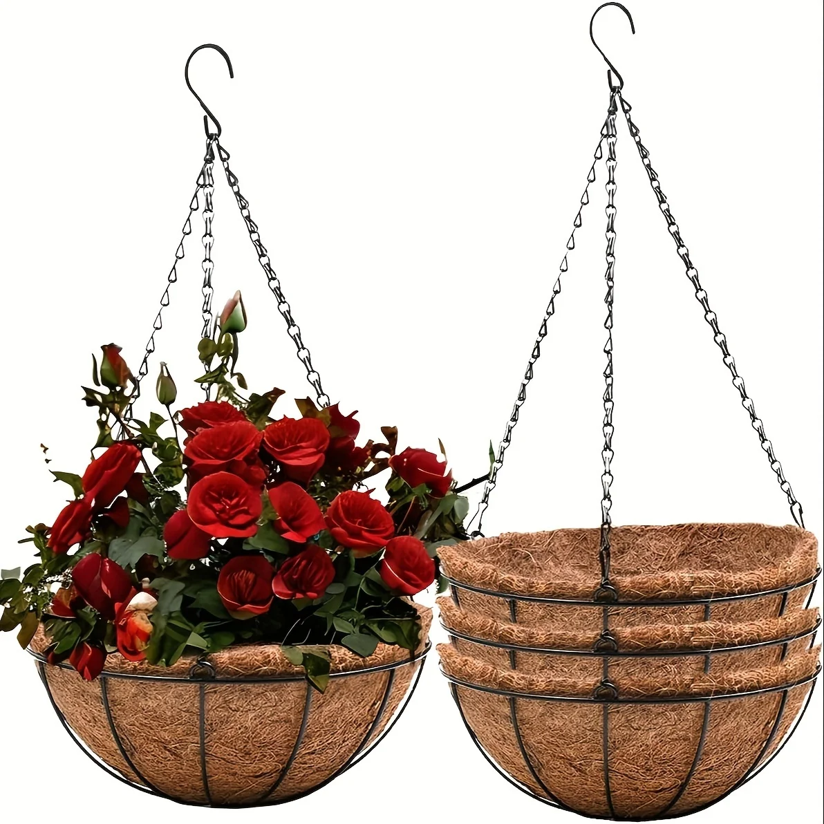 3Pcs Hanging Planter Basket Set, Rust-Resistant Chains with 10Inch Coconut Coir, Indoor Outdoor Garden Balcony Decor