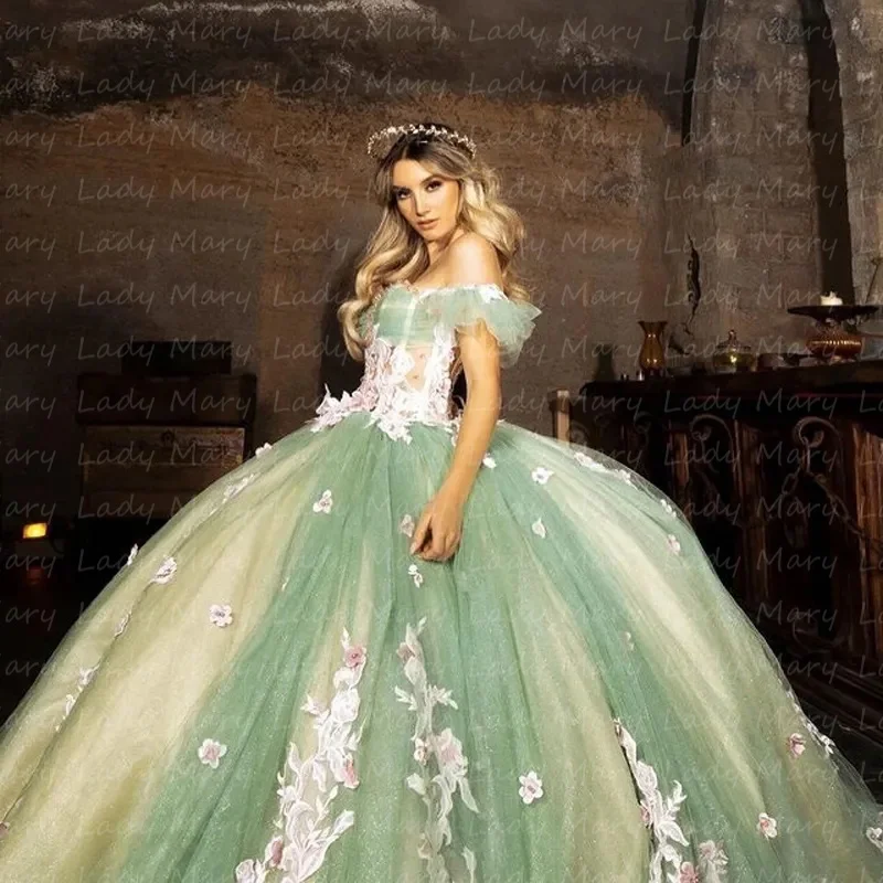 Vestidos de quinceañera verdes con purpurina personalizados, vestidos de fiesta de cumpleaños dulces de princesa para niña con deshuesado expuesto y hombros descubiertos, vestidos de 15