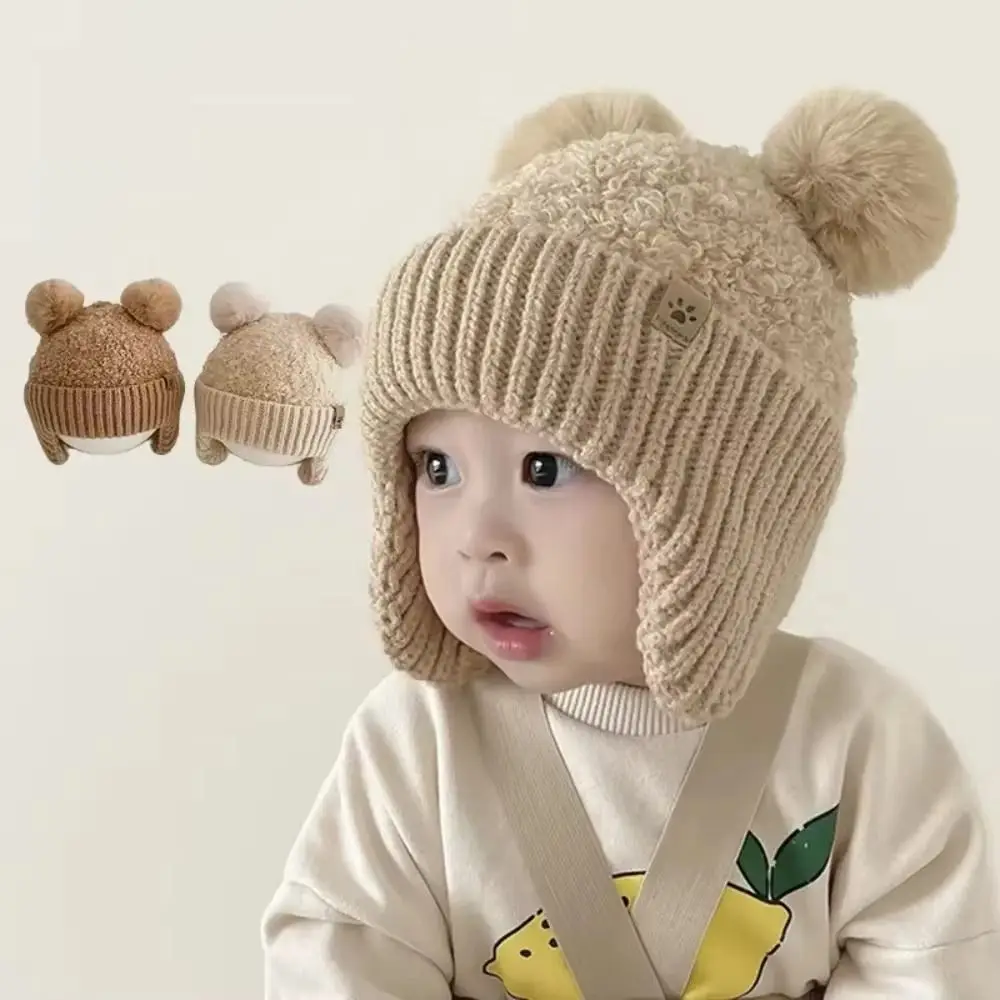 

Double Pompom Double Hairball Baby Hat Knitted Wind-proof Pom Hat Solid Color Thicken Knit Cap