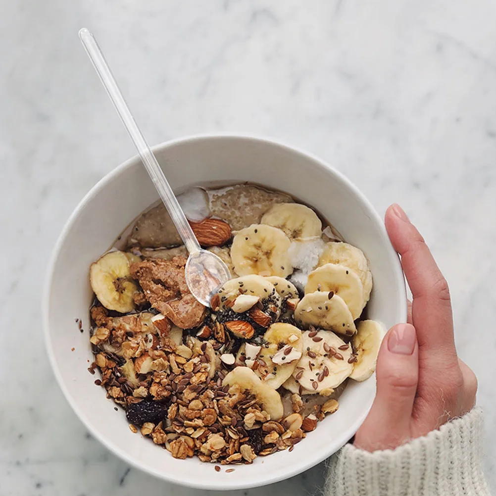 

4 шт., ложка для перемешивания из прозрачного стекла, длинная ручка, термостойкая ложка для смешивания кофе, десерта, молока, ложка для супа, ложка для десерта