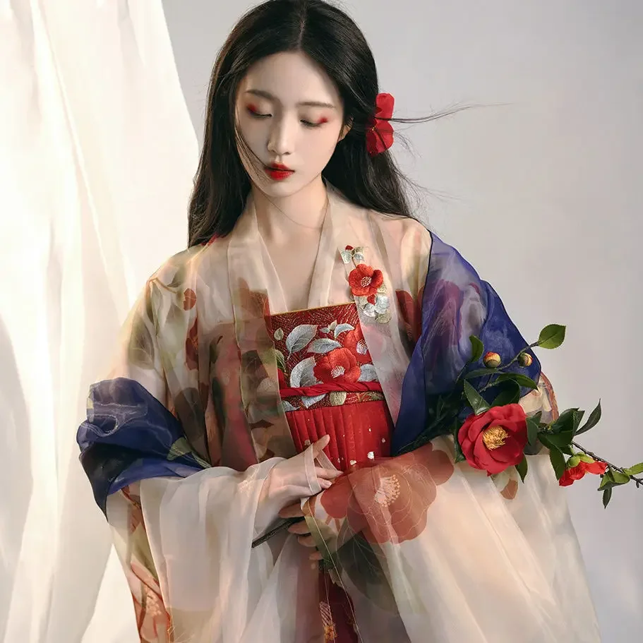 ชุดจีน Hanfu ชุดเดรสผู้หญิงโบราณปักลายดอกคาเมลเลียพาเลซชุดเดรสแขนใหญ่ทั้งชุด Hanfu