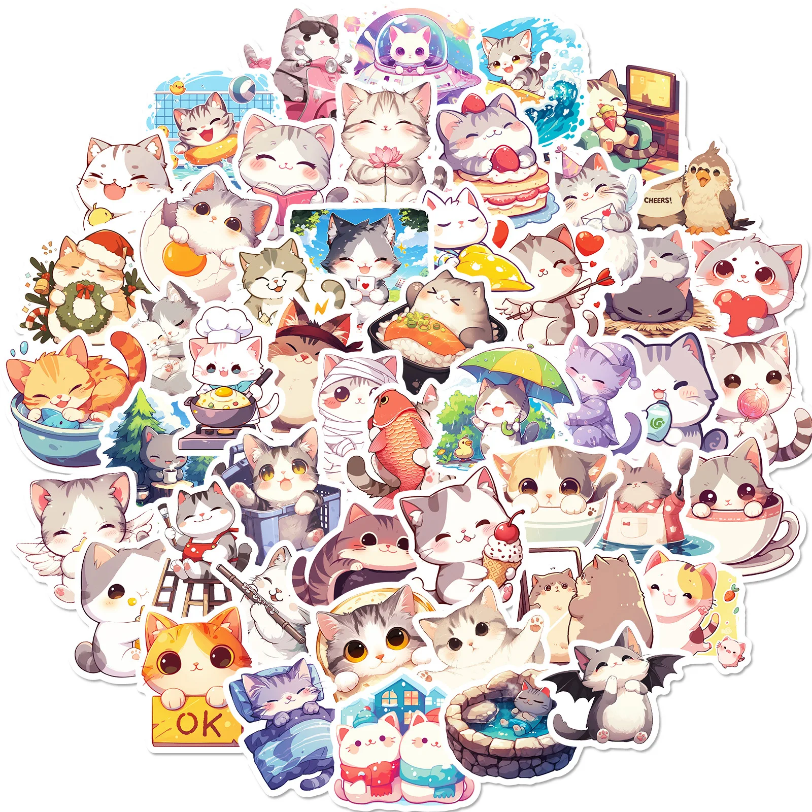 50pcs Daily Life of Cute Cats Cartoon Graffiti Stickers DIY Phone Guitar Laptop Notebook Suitcase Waterproof Sticker Kids Toy