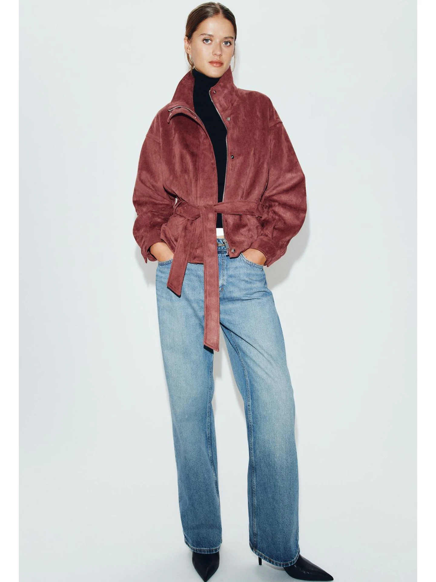 Autumn New Arrival Women's Jacket with Belt Zipper Long Sleeve Stand Collar Pocket Decorated Outerwear Casual Style Polyester...