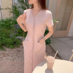Pink Woolen Dress Women's Summer Slim Fit Long Dress with Double Pockets High Waist Design Commute Style Short Sleeve V-Neck