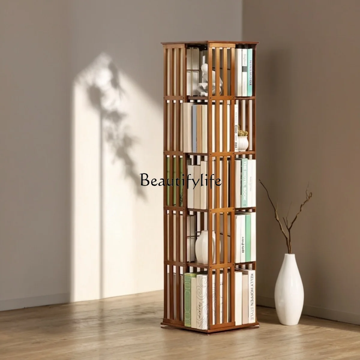 Medieval wind wabi-sabi rotating bookshelf floor-to-ceiling simple picture book storage cabinet household multi-layer