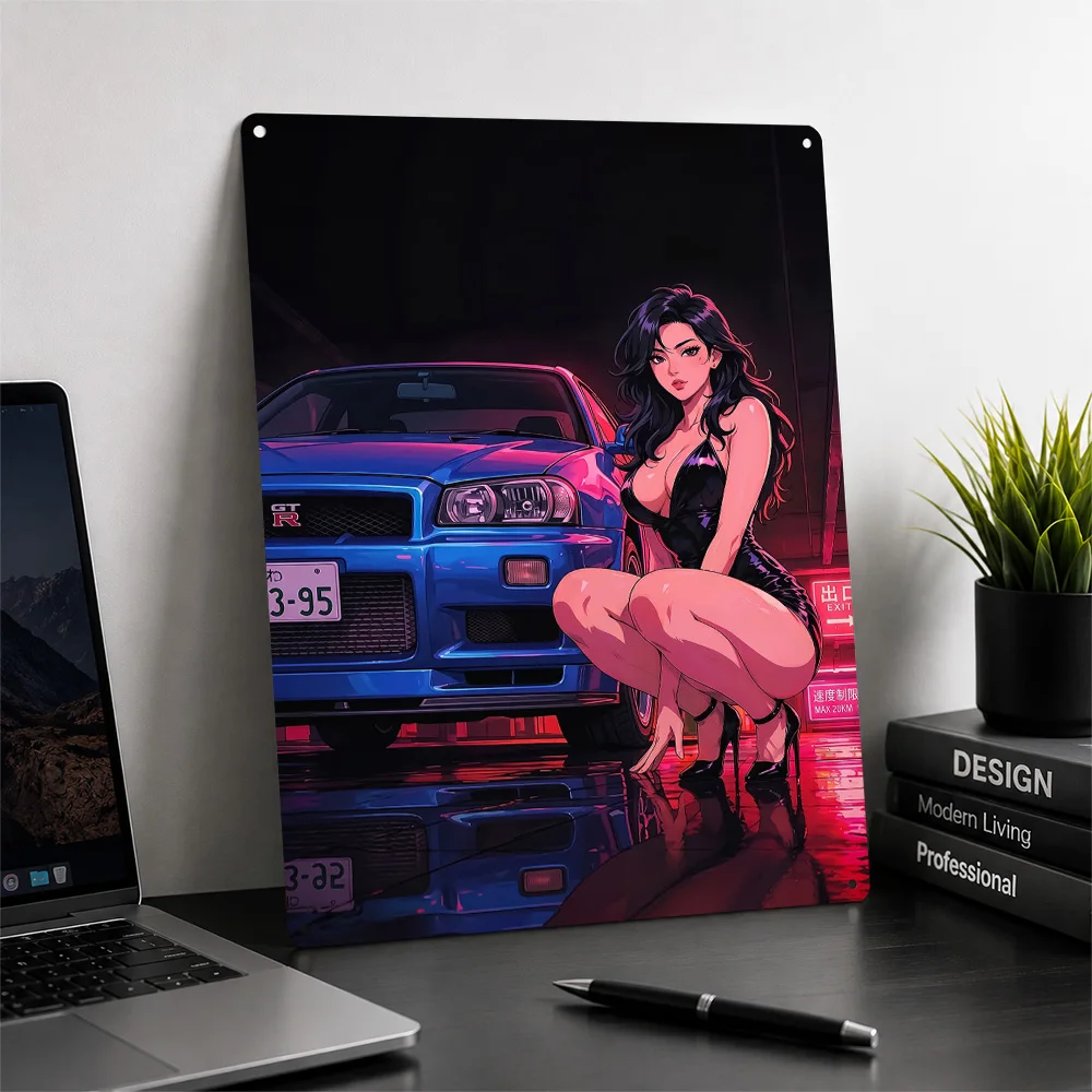 Anime Woman With Nissan Skyline GT-R R34 3D Texture Printed Poster Custom Vintage Metal Tin Plate Sign for Wall Art Decor Luxury