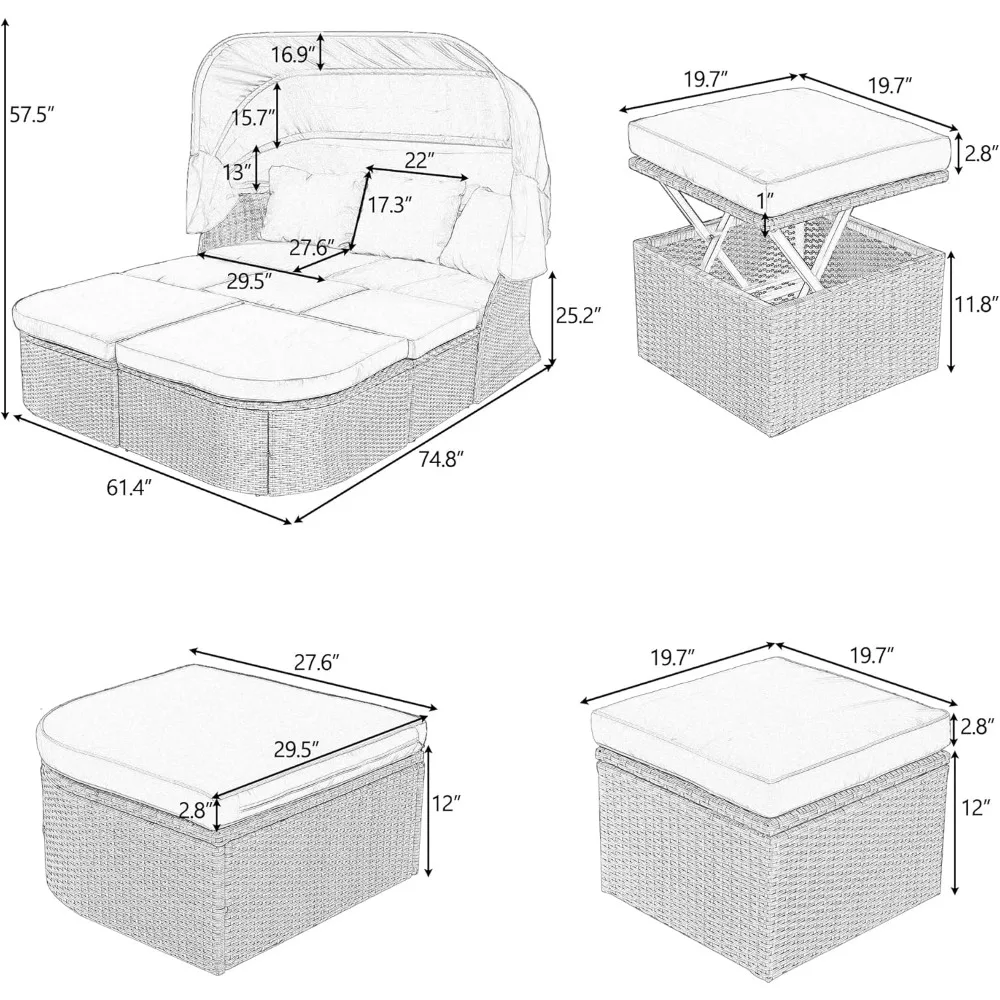 Patio Furniture Set Daybed with Lift-top Table & Retractable Canopy,Wicker Rattan Outdoor Conversation Set w/Upholstered Cushion