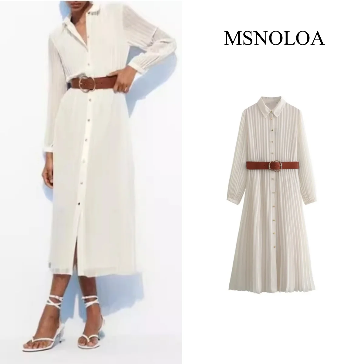 2024  autumn  New Product  Women\'s  Fashion  Casual  Slimming  Flip Collar  Long  Sleeves  with  Belt  Midi  pleated Dress