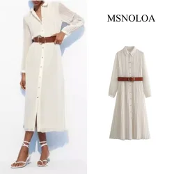 2024  autumn  New Product  Women's  Fashion  Casual  Slimming  Flip Collar  Long  Sleeves  with  Belt  Midi  pleated Dress