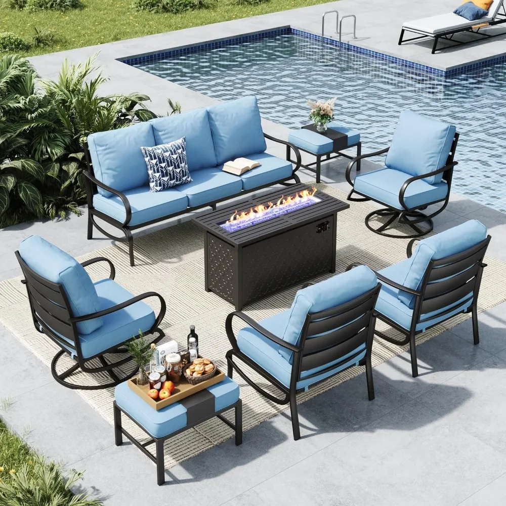 

8 Pieces Outdoor Conversation Sets with 1 x 3-Seat Sofa, 2 Single Chairs, 2 Swivel Chairs and 2 Ottomans, Patio Furniture Sets