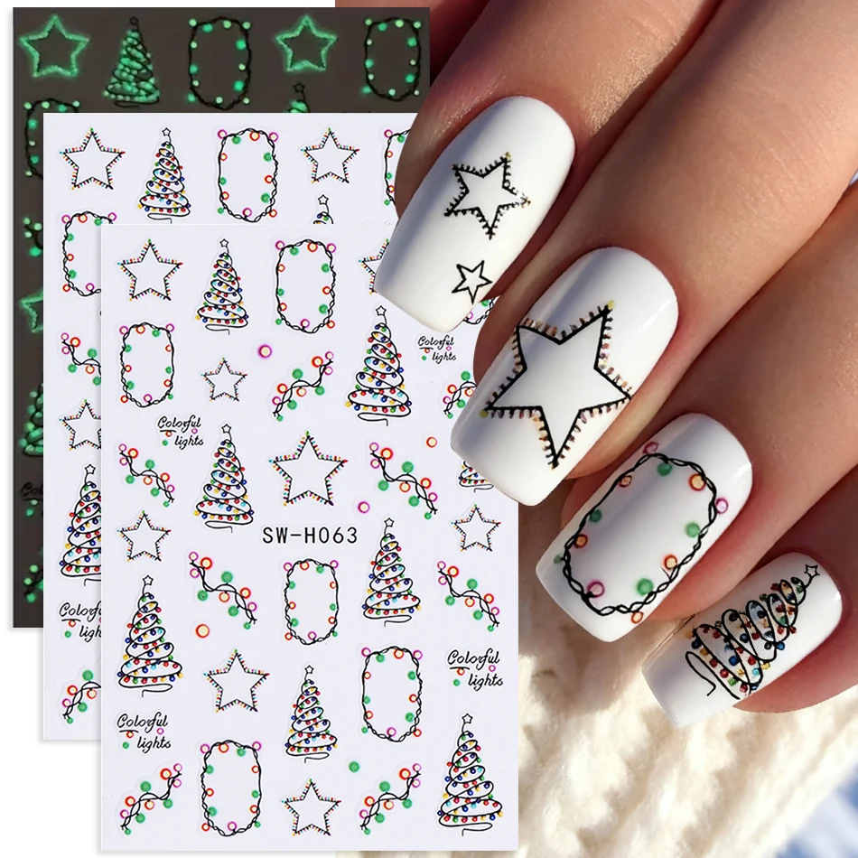 3 قطع من ملصقات أظافر عيد الميلاد المتوهجة في الظلام، ملصقات أظافر ملونة لعيد الميلاد الخفيفة على شكل نجمة شجرة عيد الميلاد لتزيين الأظافر بنفسك